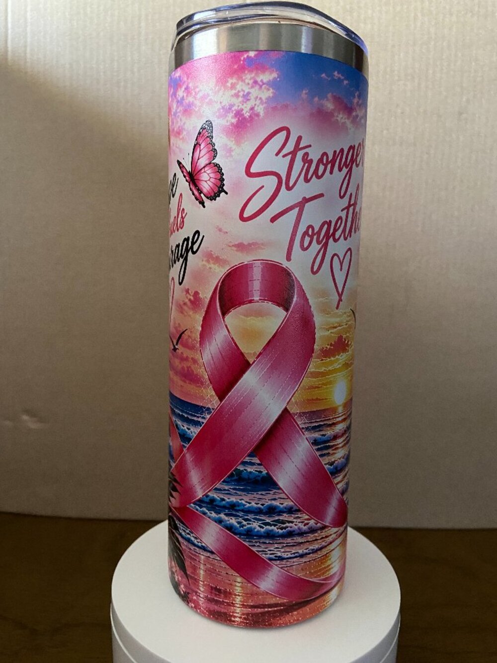 Breast Cancer Awareness 20oz Tumbler Pink Ribbon Coastal Design